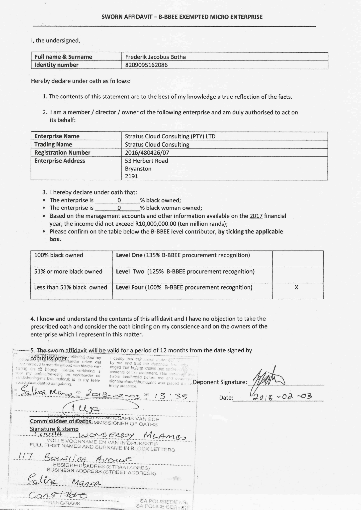 Sworn Affidavit B Bbee Micro Enterprise Stratus Cloud 0689